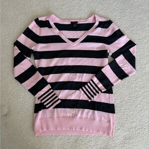 Striped V-Neck Sweater - Pink and Black